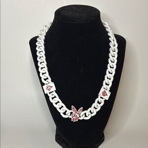 White and Red Chain Necklace Bunny Skull and Playing Cards Punk Rock Style 20”